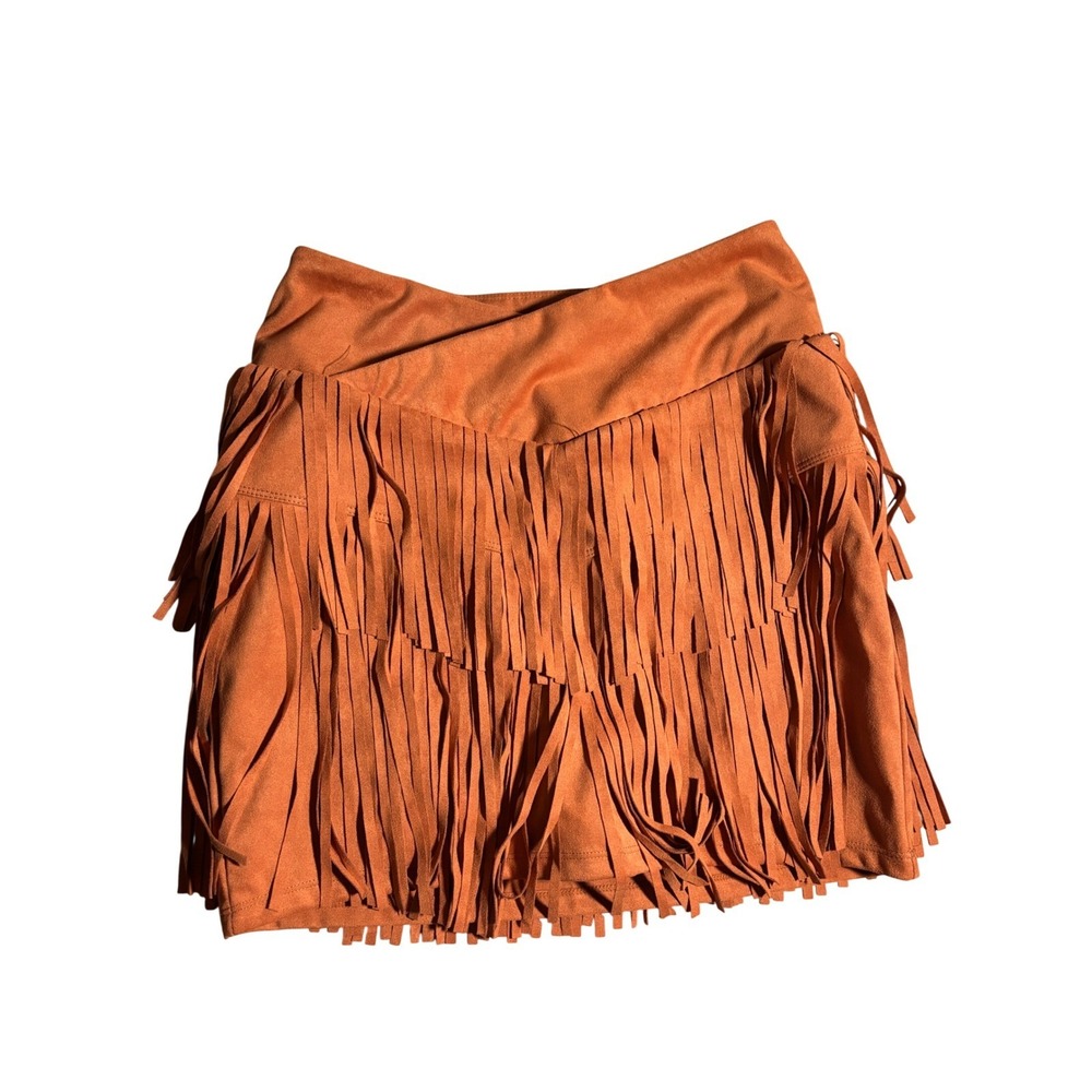 Halara Burnt Orange Faux Suede Fringe Mini Skort V-Waist Crossover S Rodeo